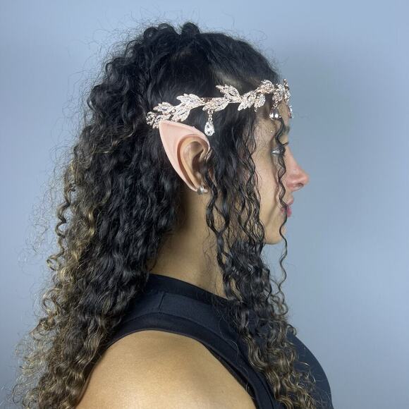 Rose Gold Elf Fairy Tiara Crown with Clear Gem & 4 Elf Ears Cosplay Hallowen - Picture 3 of 10